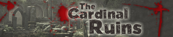 A background of woodland ruins with blood splatters and the title - The Cardinal Ruins