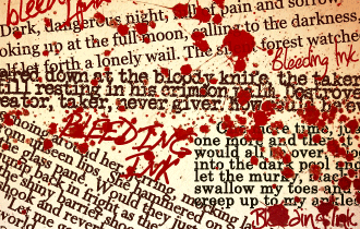 Bleeding Ink - snippets of text and blood splatters on a cream background