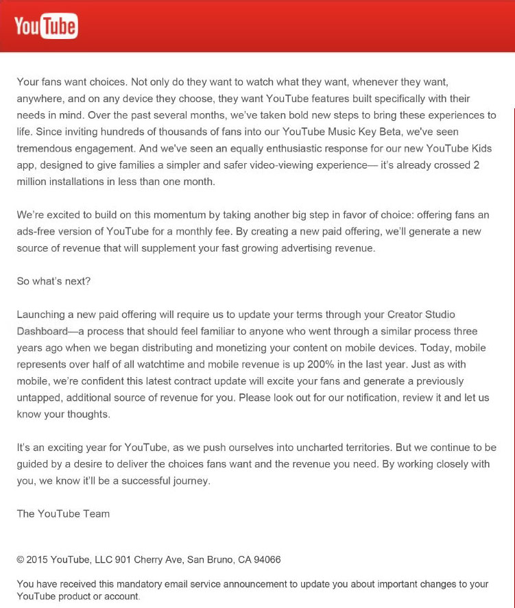 Letter from YouTube to Content Creators
